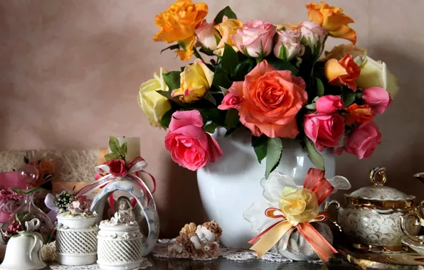 Roses, bouquet, vase, decor, roses