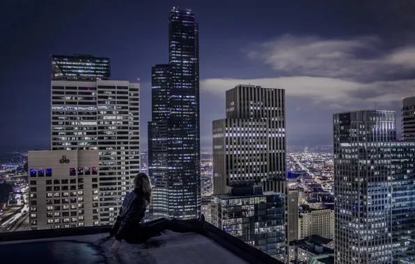 Picture city, lights, road, long hair, modern, water, night, skyscraper