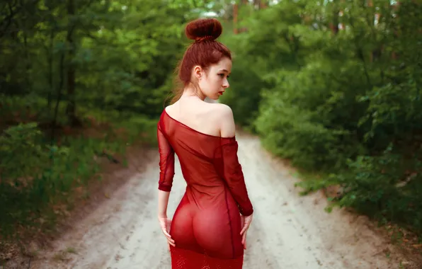 Road, forest, ass, girl, trees, nature, pose, model
