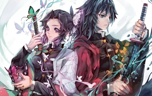 Picture girl, weapons, butterfly, katana, anime, guy, Shinobu Kohu, Demon Slayer Kimetsu no Yaiba