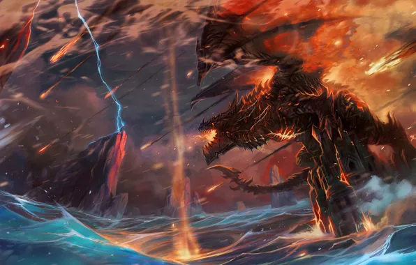 Picture wave, castle, fire, lightning, dragon, people, art, world of warcraft