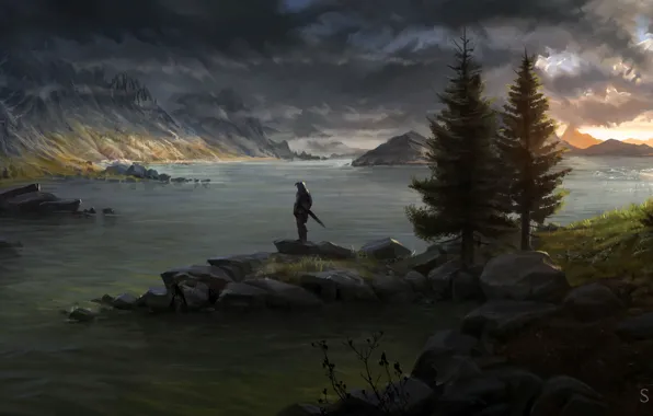 Trees, mountains, river, people, sword, warrior, art, shield