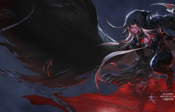 Picture girl, weapons, blood, wings, anime, art, hood, chain