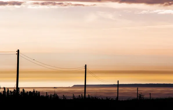 Sea, landscape, sunset, power lines