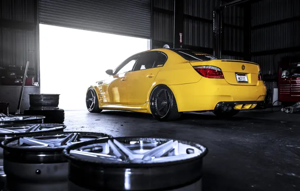 Yellow, bmw, BMW, drives, back, e60 yellow