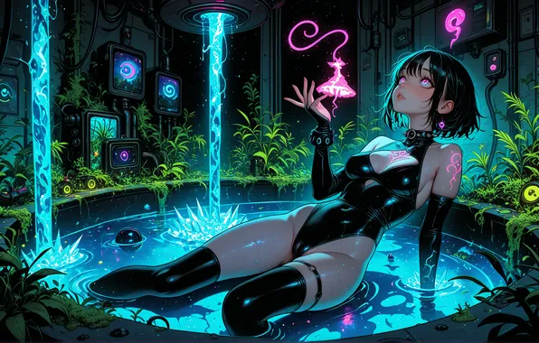 Picture looking up, psychedelic, bright colors, cameltoe, in water, thigh-highs, black leotard, AI art