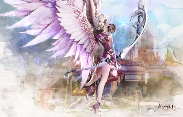 Picture weapons, castle, Girl, wings, Game, Wallpaper, Wallpapers, AION