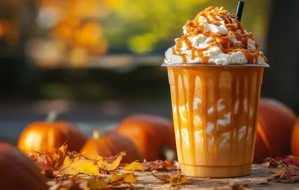 Autumn, light, glass, table, foliage, coffee, pumpkin, cream