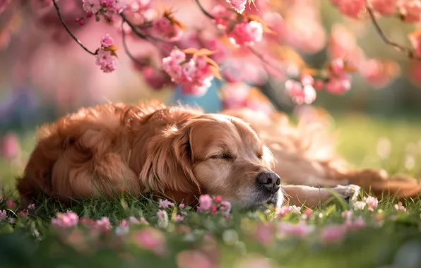 Flowers, branches, sleep, dog, spring, garden, sleeping, lies