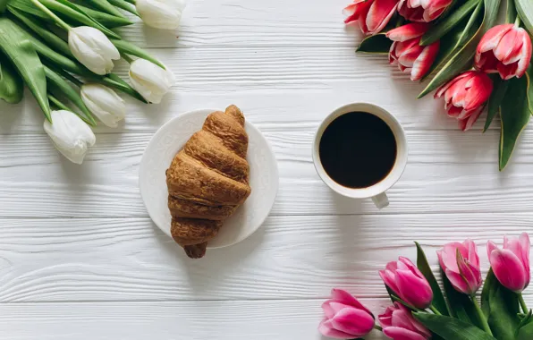 Flowers, Coffee, tulips, drink, Croissant