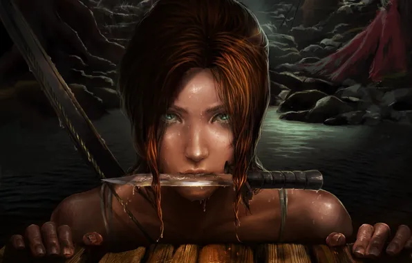Eyes, look, water, drops, face, art, knife, Lara Croft