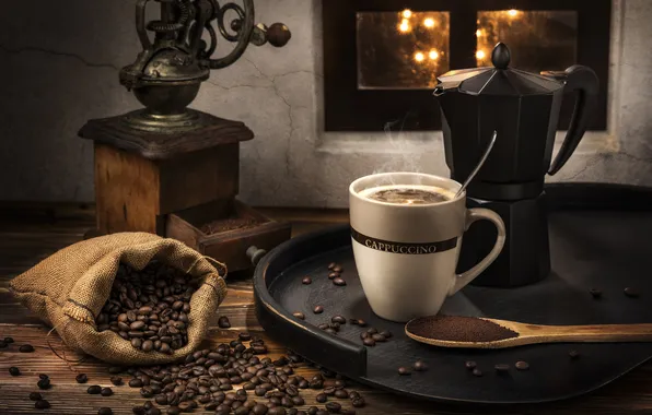 Coffee, still life, cappuccino, coffee beans, coffee grinder