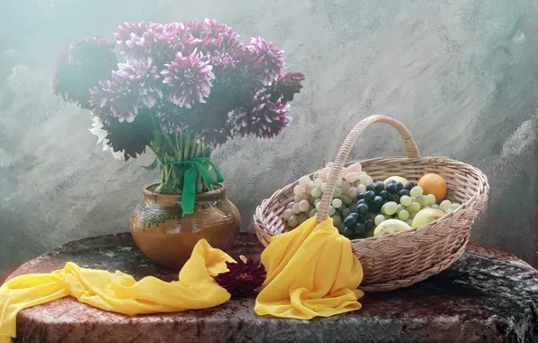 Flowers, bouquet, grapes, still life, basket, items, composition, dahlias