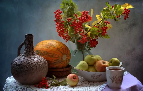 Tea, apples, Cup, pumpkin, pitcher, still life, Rowan