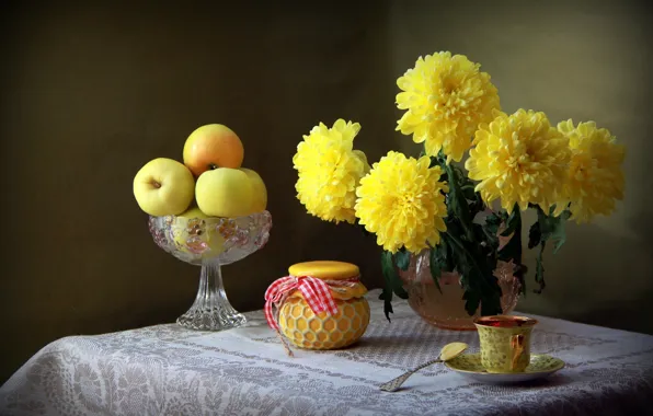 Yellow, apples, Cup, still life, chrysanthemum, jar