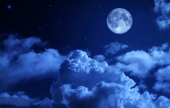 The sky, stars, clouds, night, blue, the moon