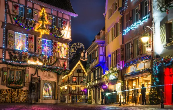 Night, lights, France, Christmas, Colmar