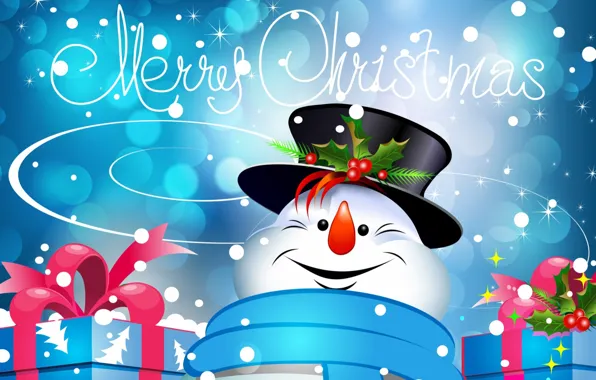 Holiday, hat, Christmas, gifts, snowman, cylinder, postcard