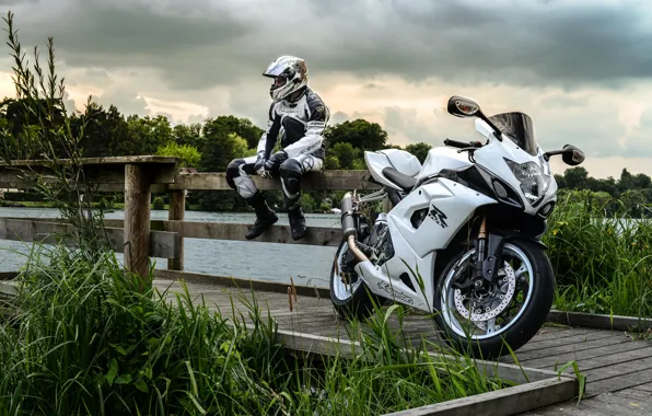 Picture white, the sky, clouds, motorcycle, white, suzuki, motorcyclist, Suzuki