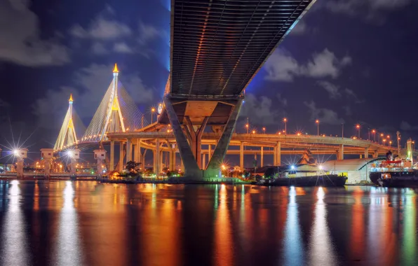 Night, bridge, lights, reflection, river, backlight, lights, Thailand