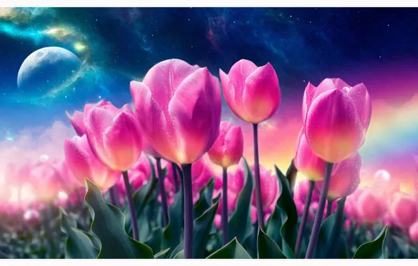 Picture the moon, tulips, pink