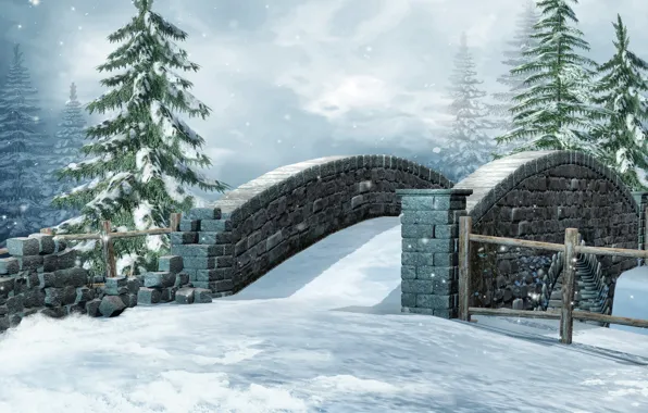 Winter, snow, bridge, nature, photo, spruce, 3D graphics