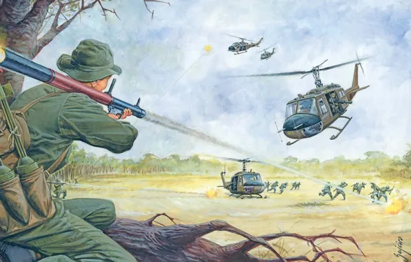 Figure, explosions, art, ambush, soldiers, clash, shots, helicopters