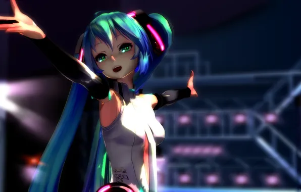 Look, girl, joy, headphones, vocaloid, gesture, Vocaloid, art