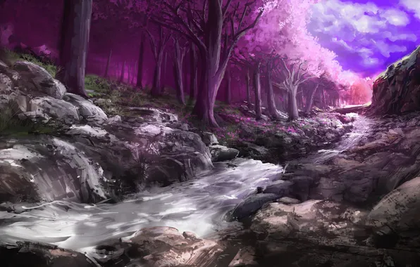 Picture forest, trees, stream, stones, Sakura, art, pink, flowering