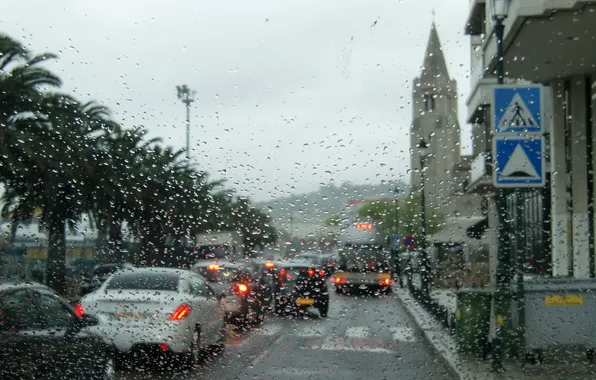 Glass, water, drops, the city, rain