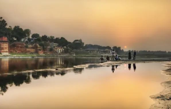 Water, sunset, river, people, shore, India