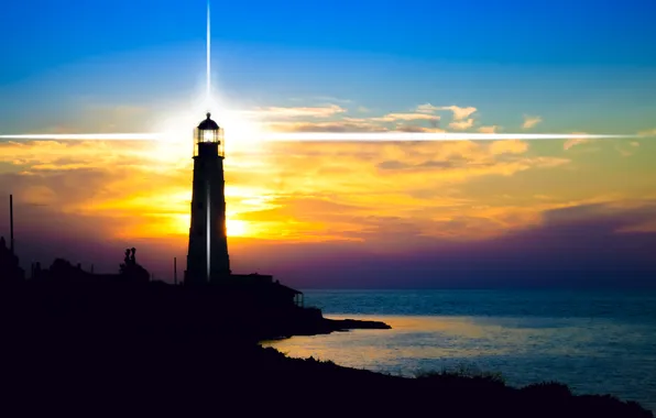 Picture sea, dawn, coast, lighthouse, horizon, rays of light