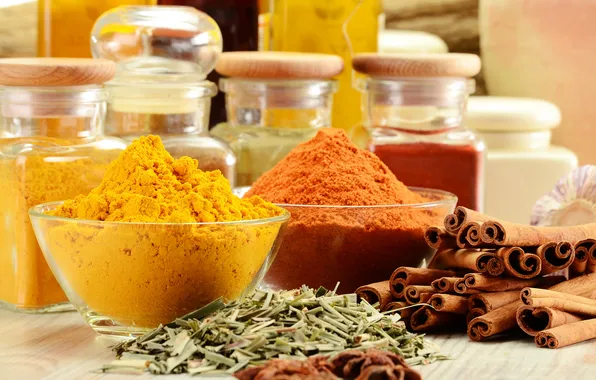 Table, jars, cinnamon, spices, spices, seasoning, star anise, curry