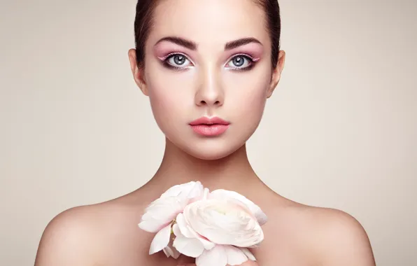 Eyes, girl, flowers, style, portrait, shoulders, naked, make-up