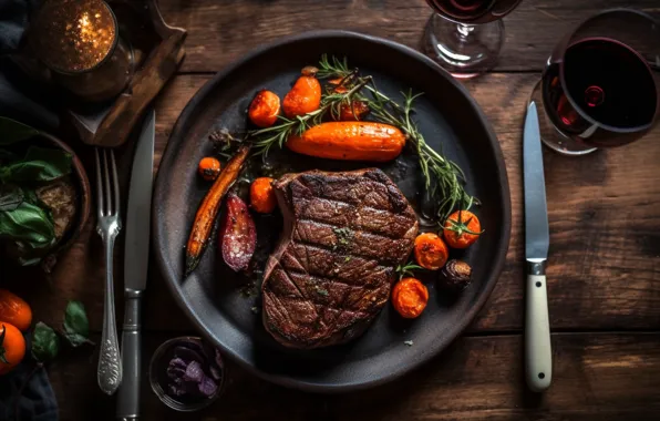 Greens, table, wine, Board, food, meat, plug, knives