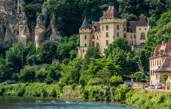 Picture trees, castle, rocks, shore, France, Chateau Of The Mallantrie