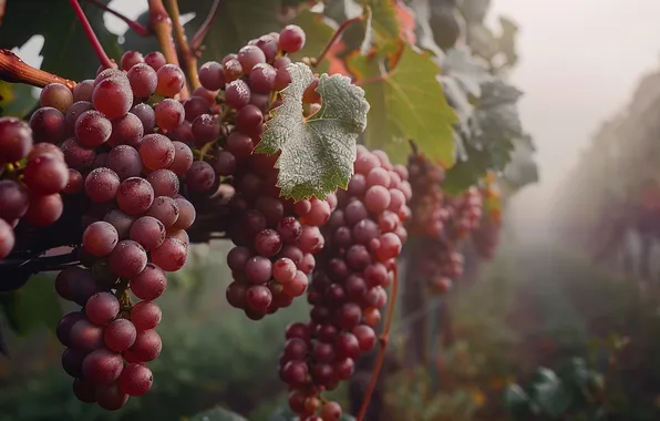Leaves, red, fog, morning, grapes, haze, vineyard, vine
