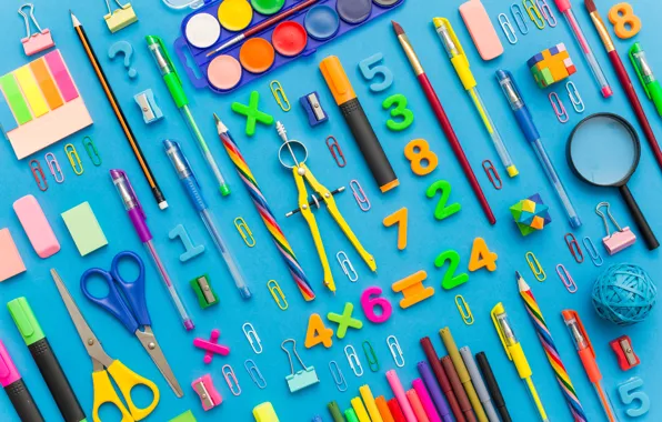 Paint, pencils, handle, magnifier, scissors, brush, the compass, clip