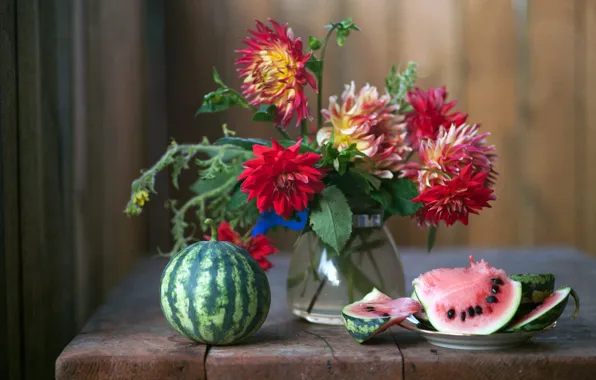 Flowers, table, bouquet, watermelon, vase, still life, slices, composition