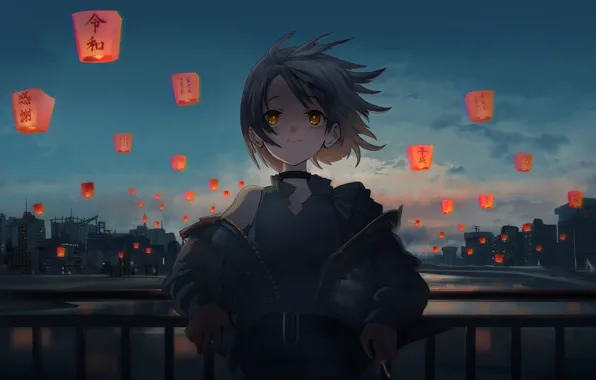 Girl, night, lanterns