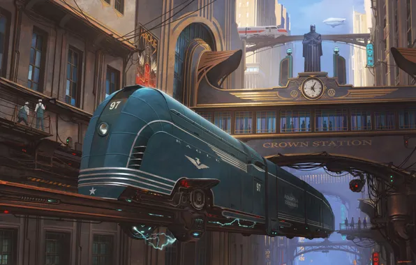 Night, Figure, The city, Locomotive, Train, Eagle, Fantasy, Art