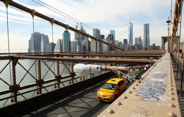 USA, United States, graffiti, road, river, skyline, cars, bridge