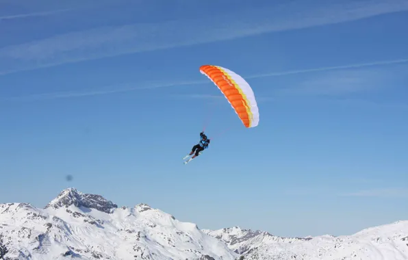 Winter, the sky, snow, flight, mountains, ski, ski, extreme sports