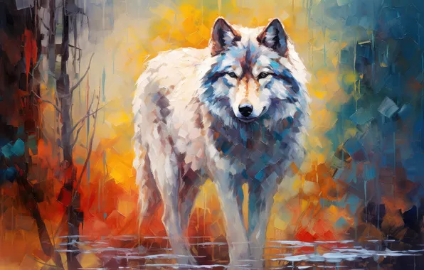 Autumn, look, face, water, trees, branches, grey, wolf