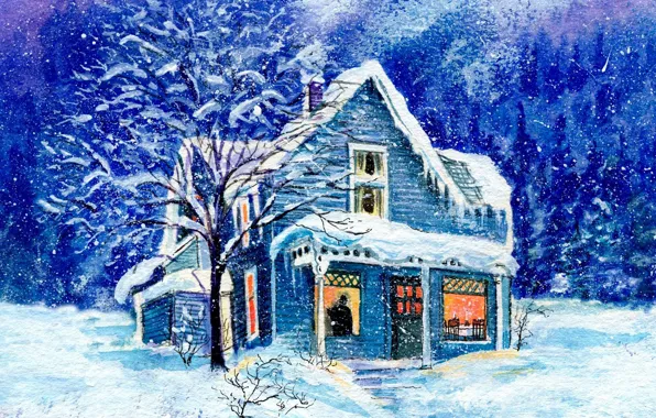 Winter, snow, house, figure