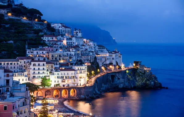 Sea, lights, Italy, Amalfi