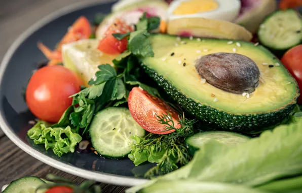 Greens, vegetables, tomatoes, parsley, cucumbers, salad, avocado