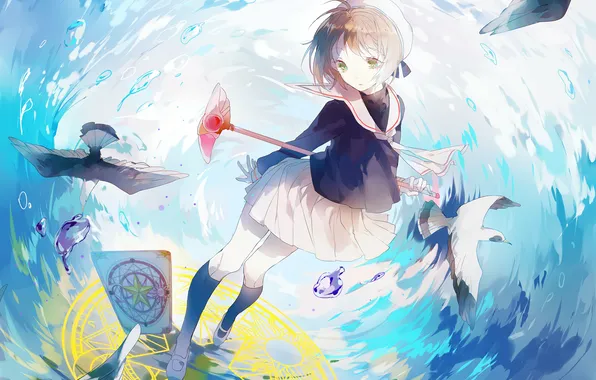 Girl, seagulls, anime, art, form, Card Captor Sakura, kinomoto sakura, yexie