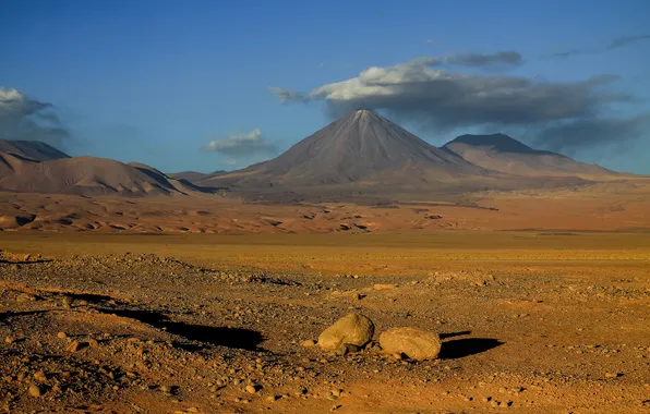 The sky, clouds, mountains, stones, the volcano, Chile