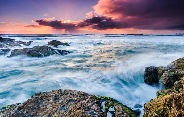 Sea, the sky, clouds, algae, sunset, stones, rocks, surf